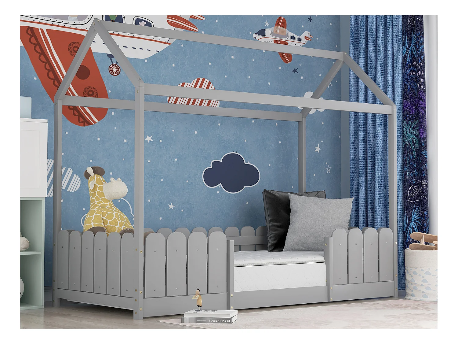Lit cabane enfant - 90 x 200 cm - bois massif - barrière et sommier à lattes - gris