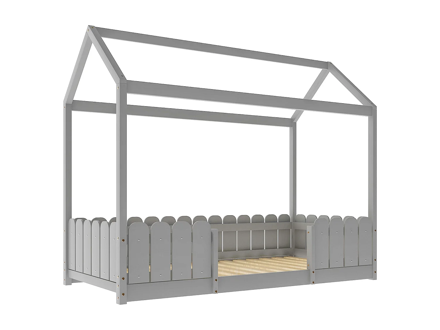 Lit cabane enfant - 90 x 200 cm - bois massif - barrière et sommier à lattes - gris