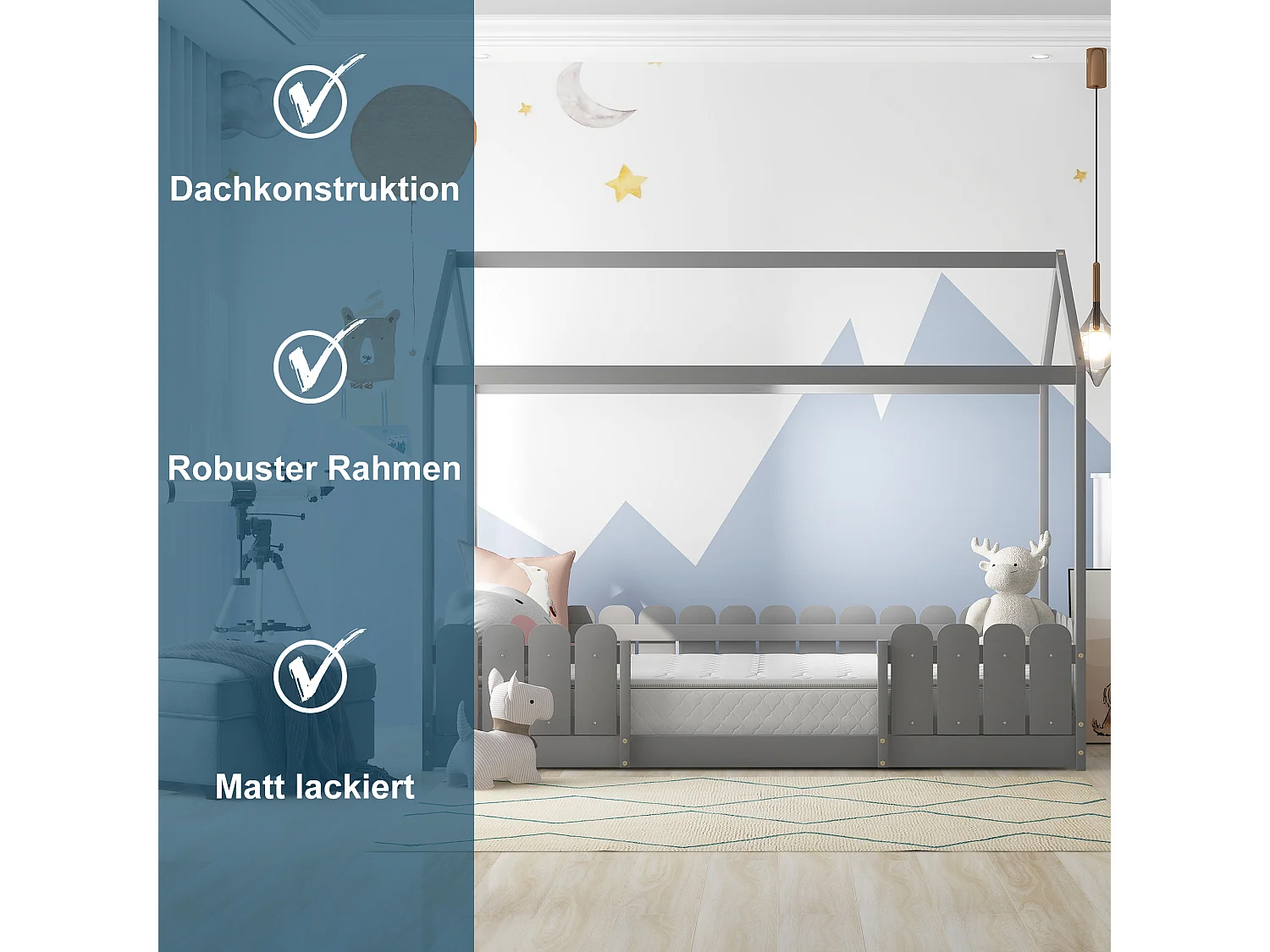 Lit cabane enfant - 90 x 200 cm - bois massif - barrière et sommier à lattes - gris