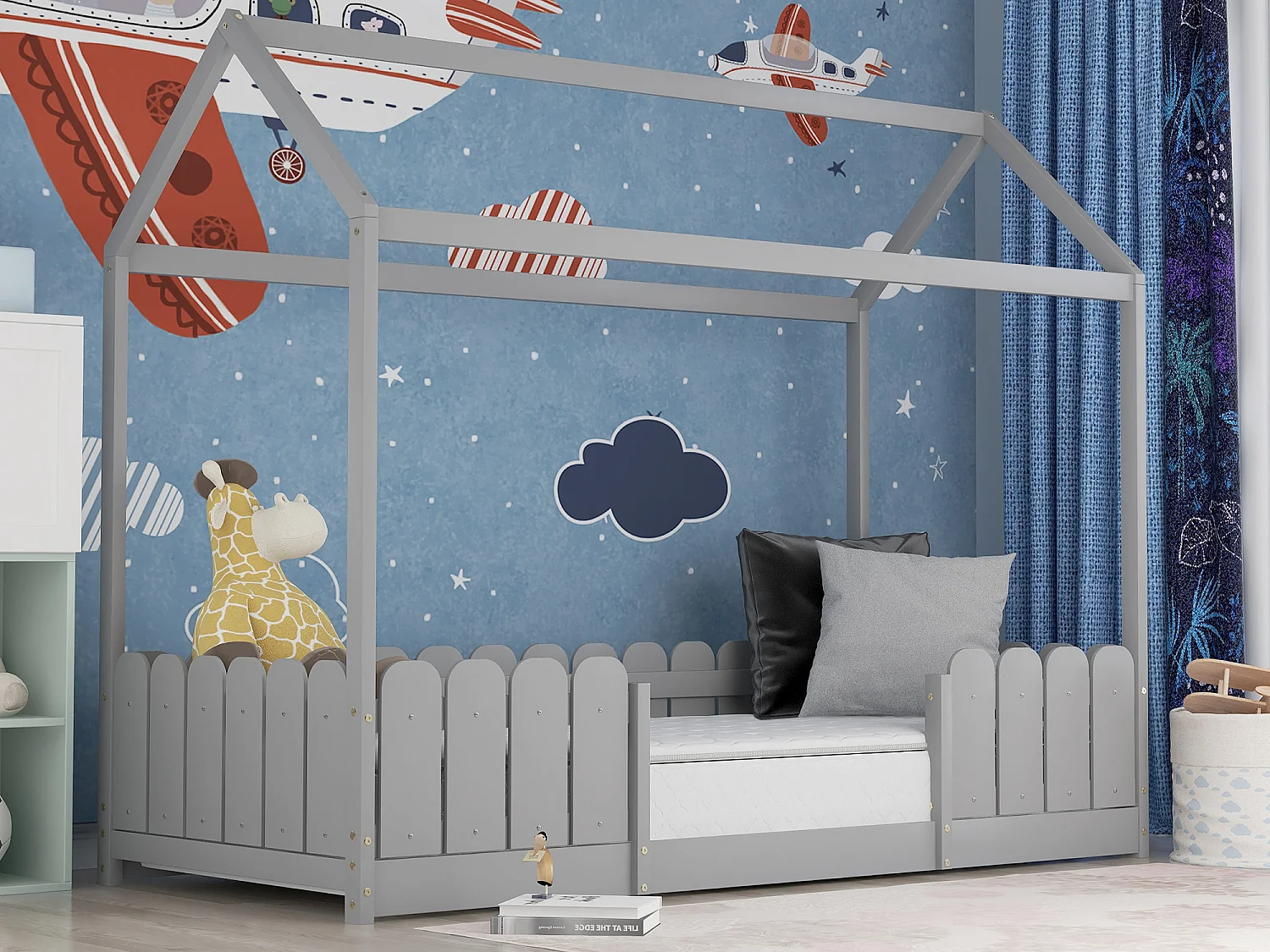 Hochbett für Kinder – 90 x 200 cm – Massivholz – Barriere und Lattenrost – Grau