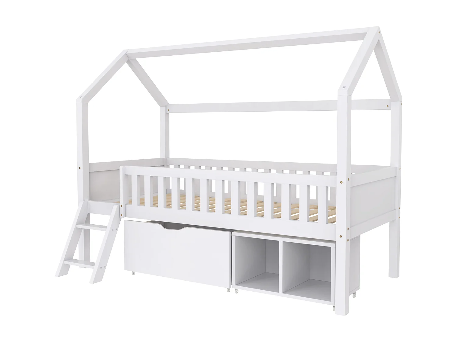 Lit cabane enfant 90 x 200 cm -  avec tiroir et 2 compartiement de rangement - sommier à lattes - blanc
