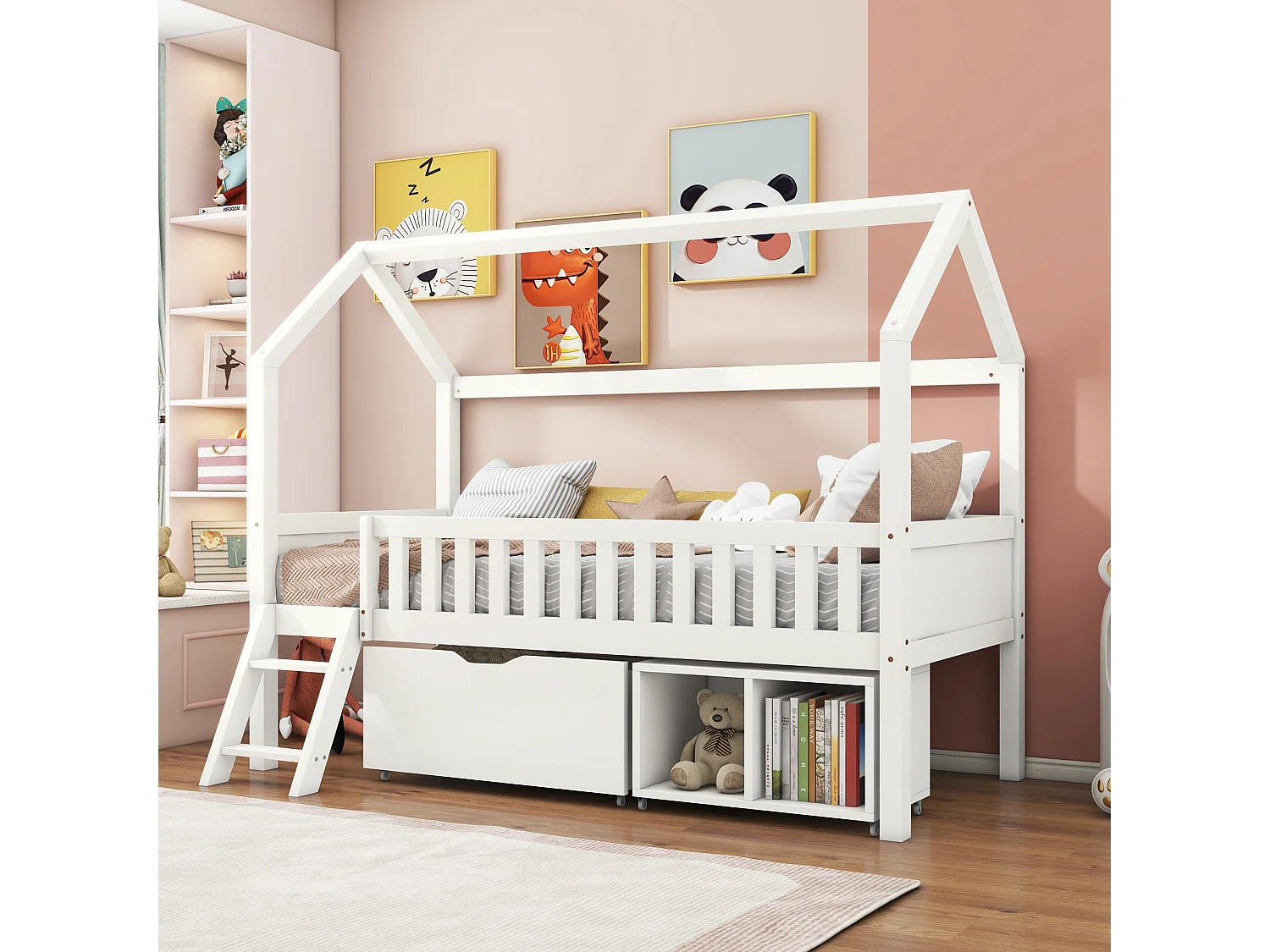 Lit cabane enfant 90 x 200 cm -  avec tiroir et 2 compartiement de rangement - sommier à lattes - blanc