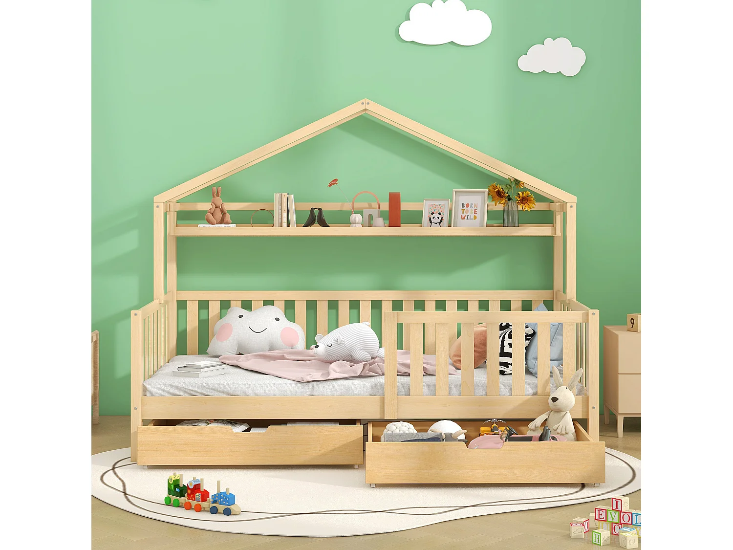 Kajuitbed met 2 lades - 90 x 200 cm - grenenhout - voor kinderen - lattenbodem en veiligheidsrail - natuurlijke kleur