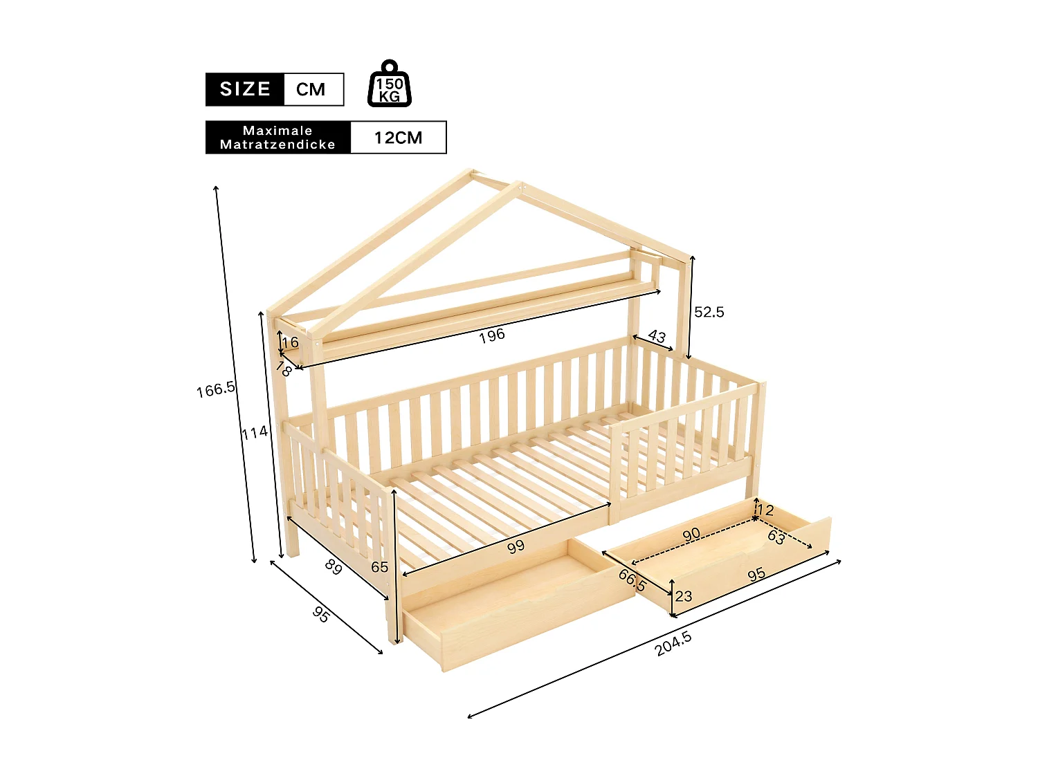 Lit cabane avec 2 tiroirs - 90 x 200 cm - bois de pin - pour enfant - sommier à lattes et barrière de sécurité - couleur naturel