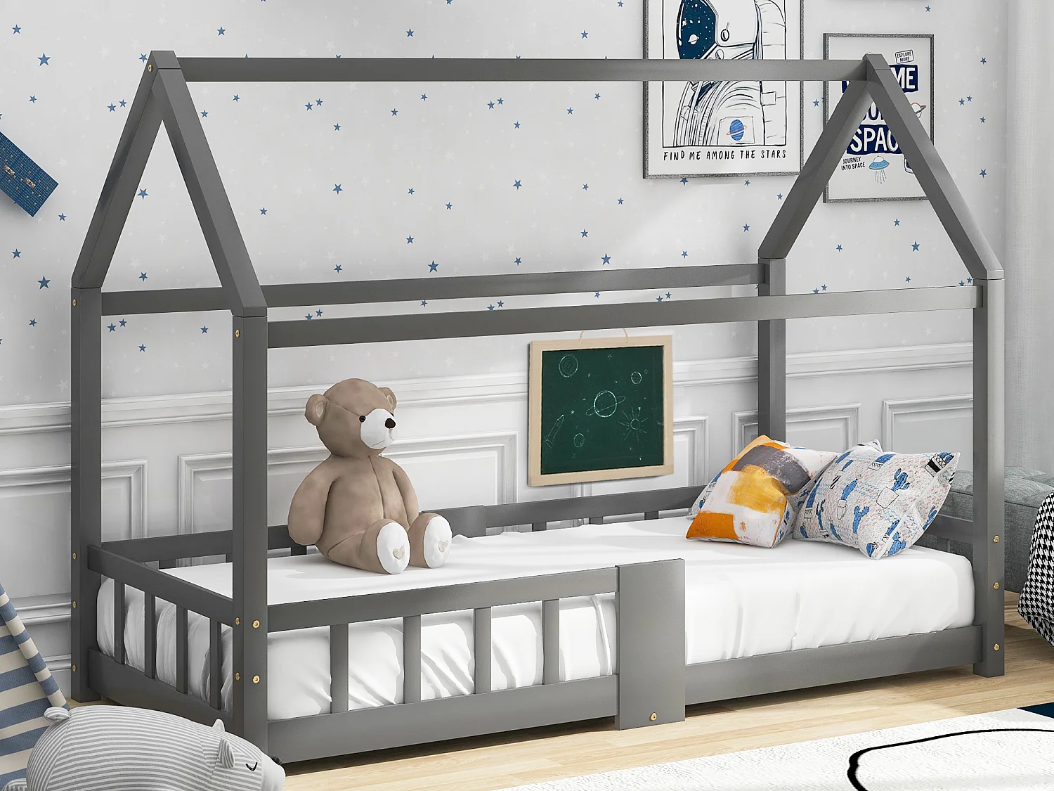 Kinderhutbed - 90 x 200 cm - massief hout - hek en lattenbodem - grijs