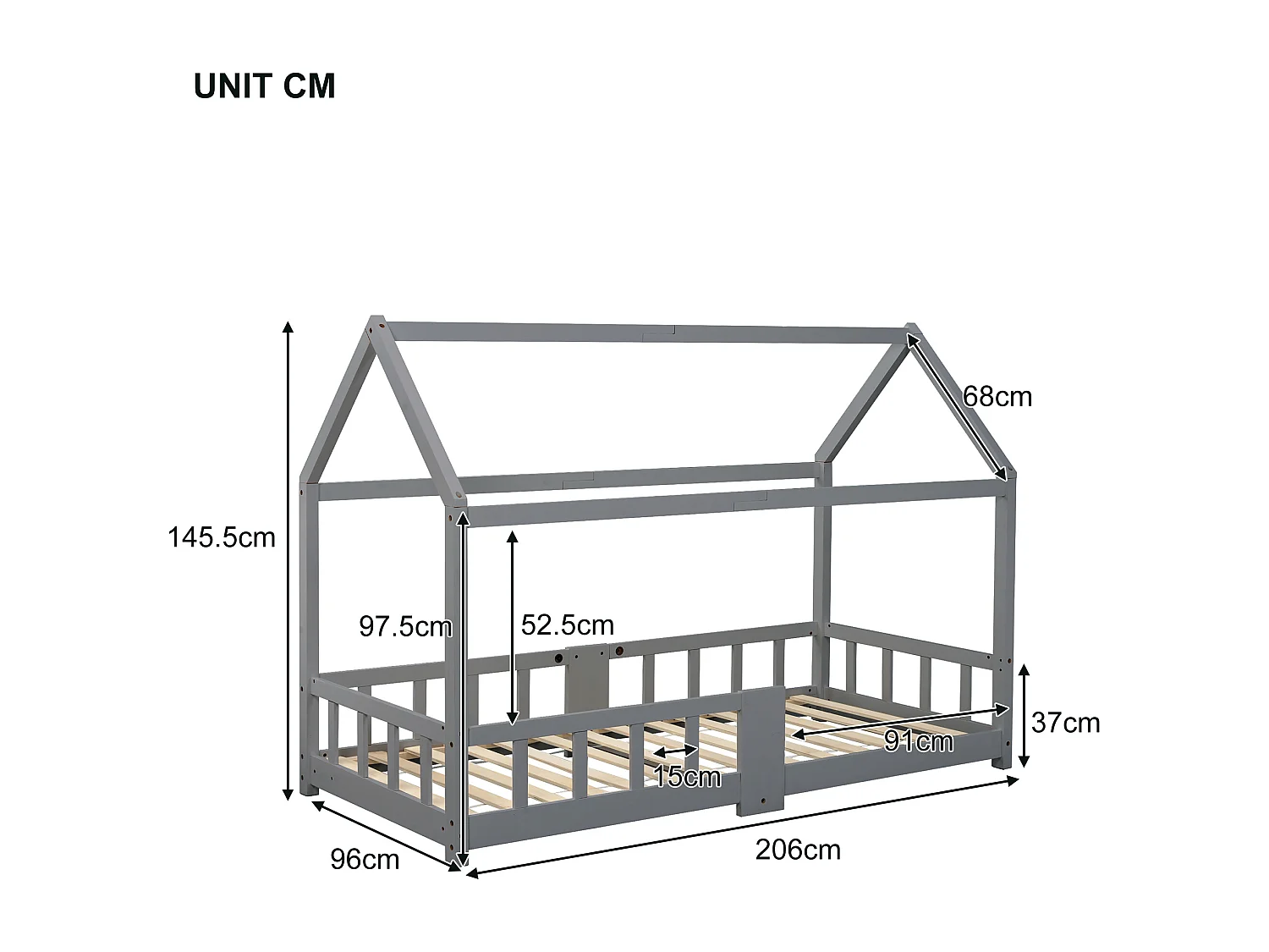 Kinderhutbed - 90 x 200 cm - massief hout - hek en lattenbodem - grijs