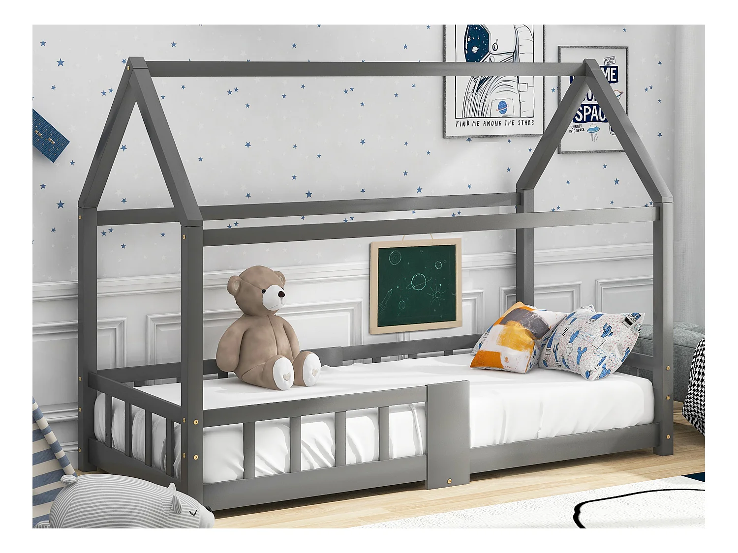 Hochbett für Kinder – 90 x 200 cm – Massivholz – Barriere und Lattenrost – Grau