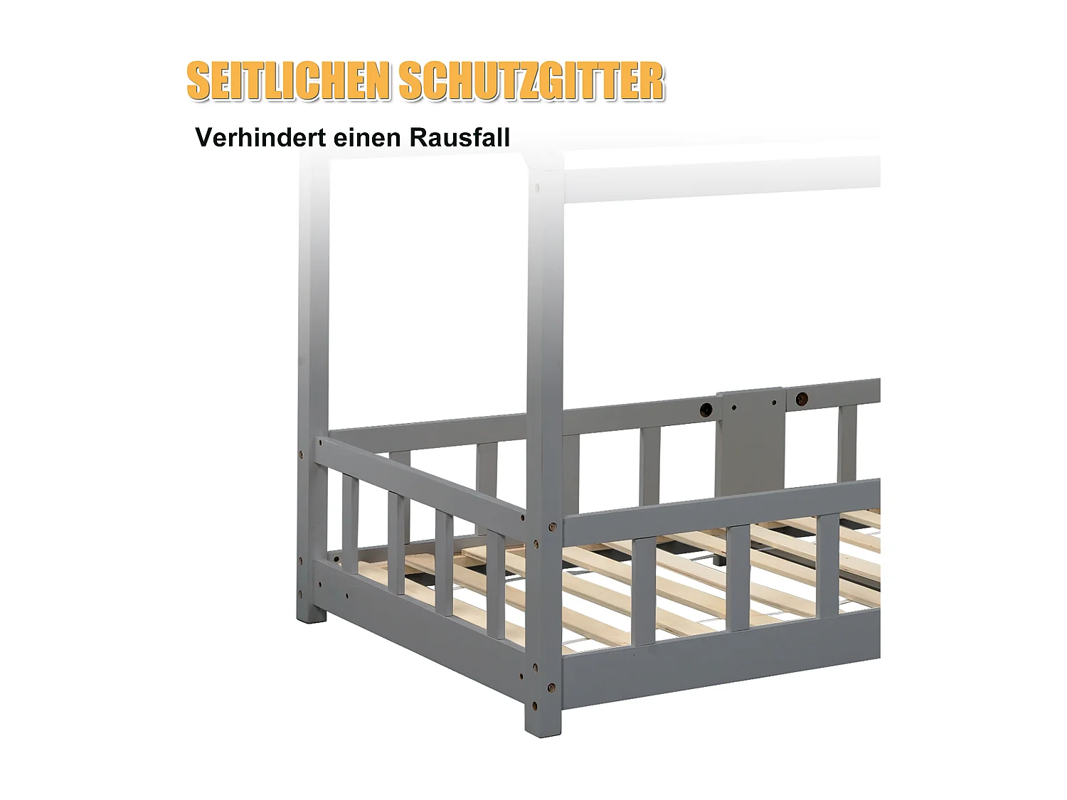 Kinderhutbed - 90 x 200 cm - massief hout - hek en lattenbodem - grijs