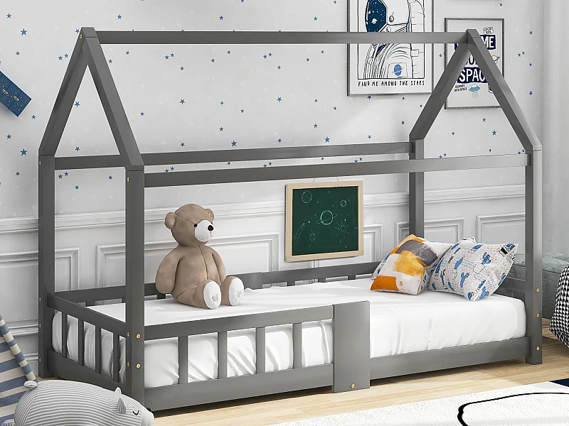 Lit cabane enfant - 90 x 200 cm - bois massif - barrière et sommier à lattes - gris
