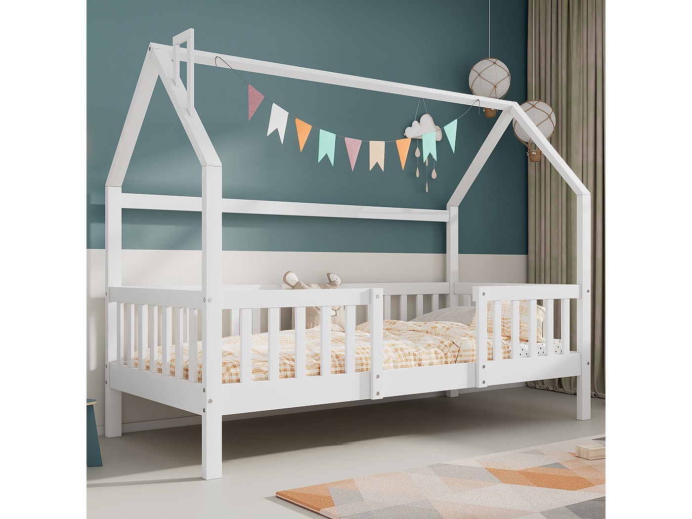 Lettino Domek 160x80 Cm In Pino Con Materasso E Rete A Doghe – Letto Bifacciale Con Cassetto, Colori Bianco Grigio Marrone E Pino