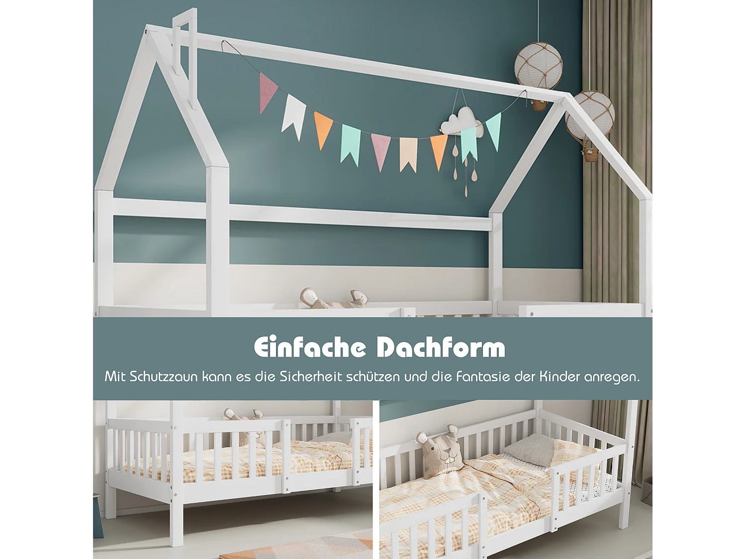 Kajuitbed 90 x 200 cm in grenenhout voor kinderen met lattenbodem en witte veiligheidsbarrière