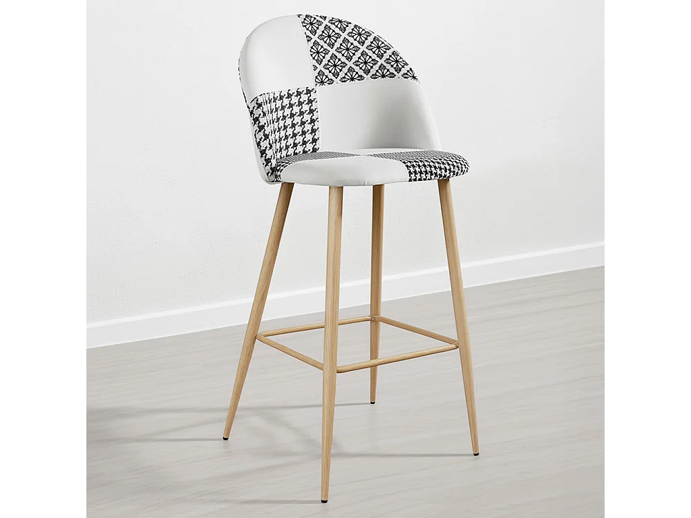 Tabouret Tapissé Patchwork - Style Scandinave - Noir et Blanc - Evelyne Blanc / Noir