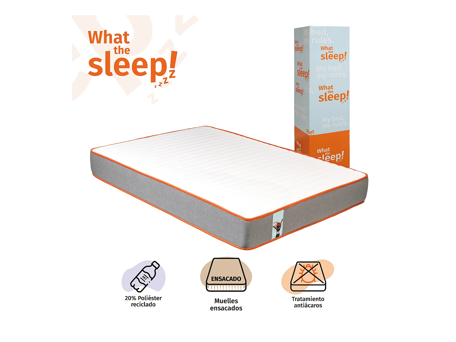 Pack FUNK What the Sleep, Colchón Sostenible Muelle Ensacado + Canapé Juvenil Apertura Lateral Blanco, Entrega, Montaje y Retirada Usado 90x190