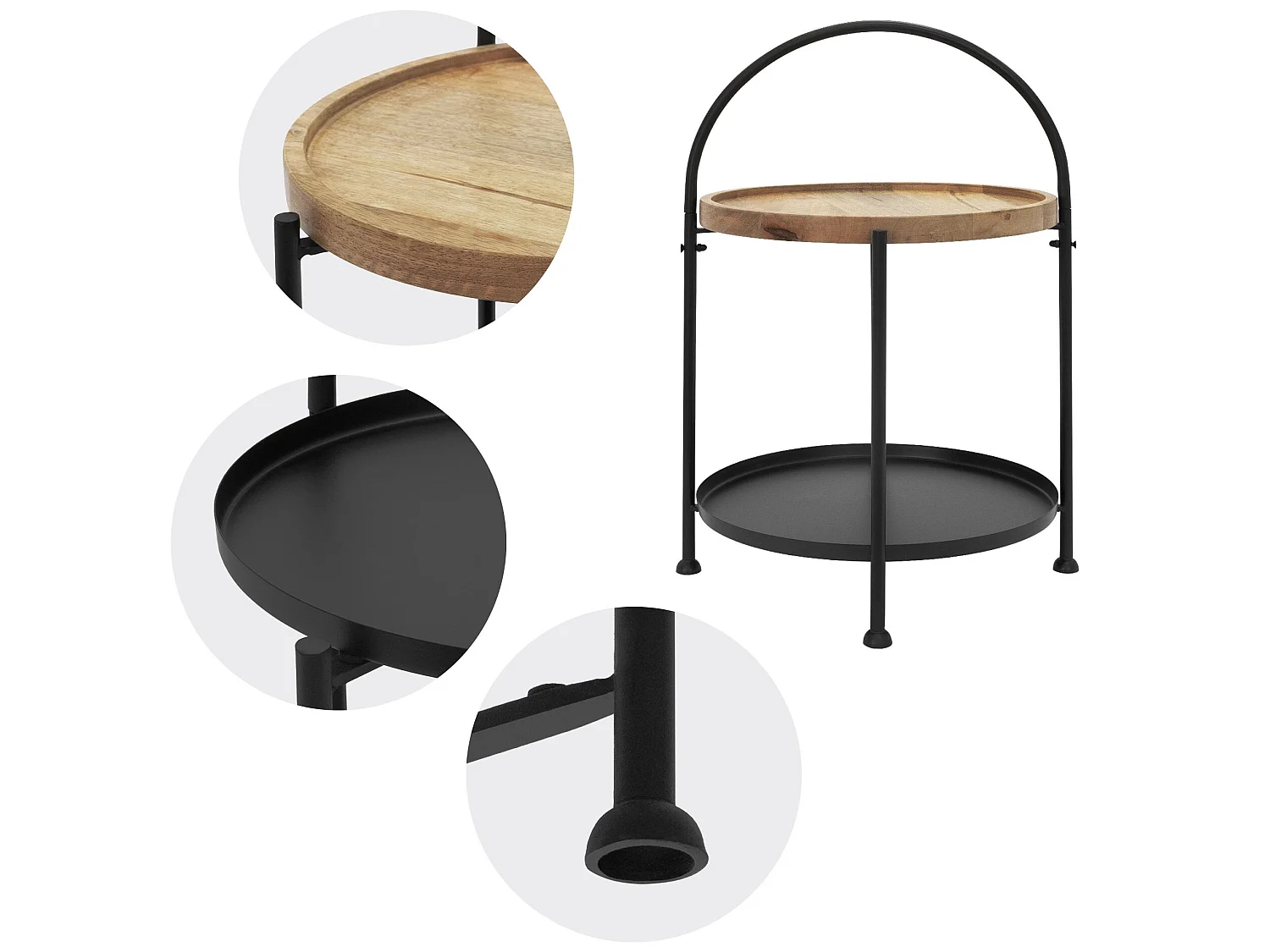 Mesa Auxiliar Mesa de Centro Mesa de Sofá 2 Niveles Metal Madera Negro Redonda Ø