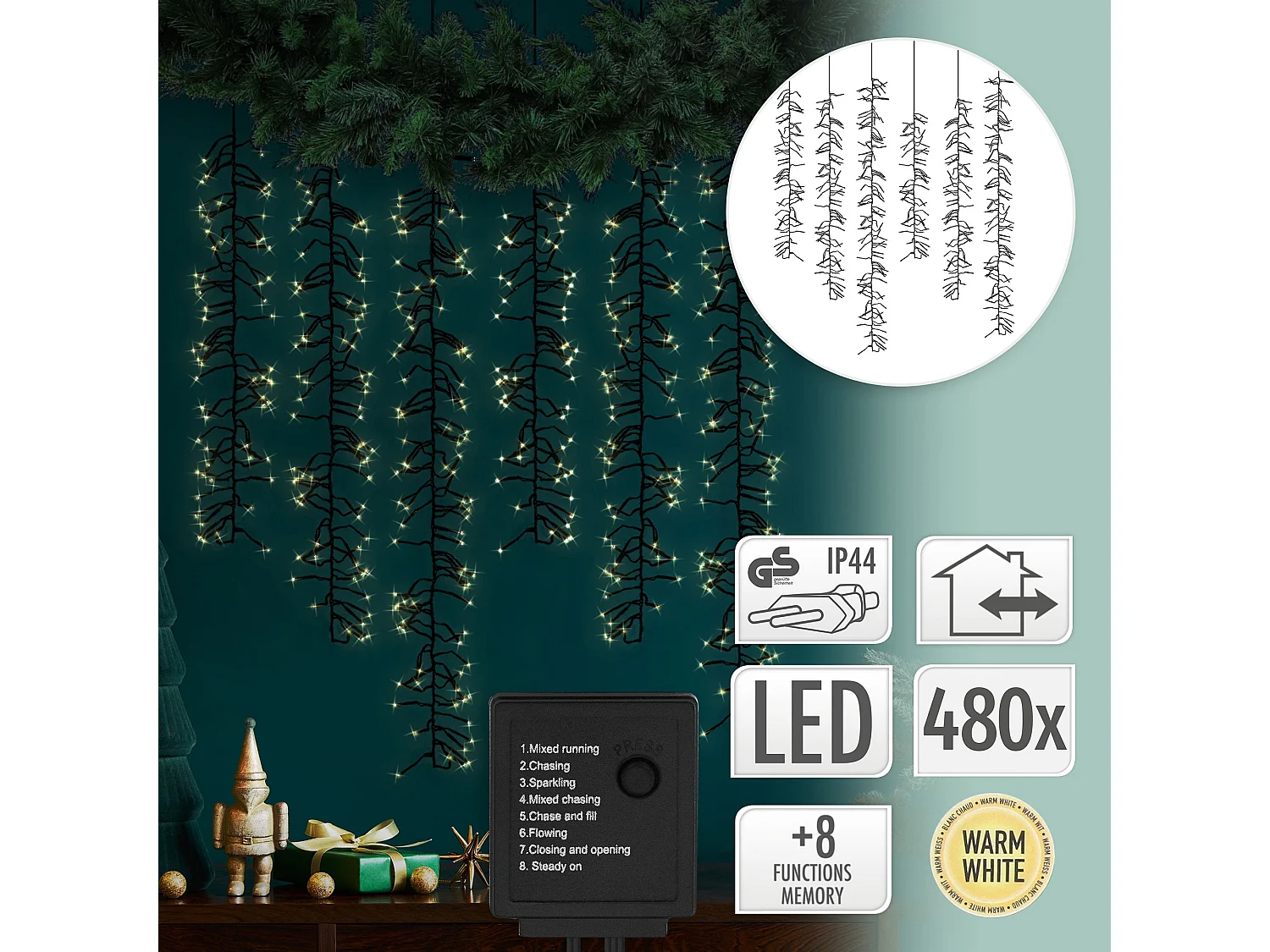 Guirlande lumineuse avec 480 LED blanc chaud 8 modes d'éclairage minuterie IP44