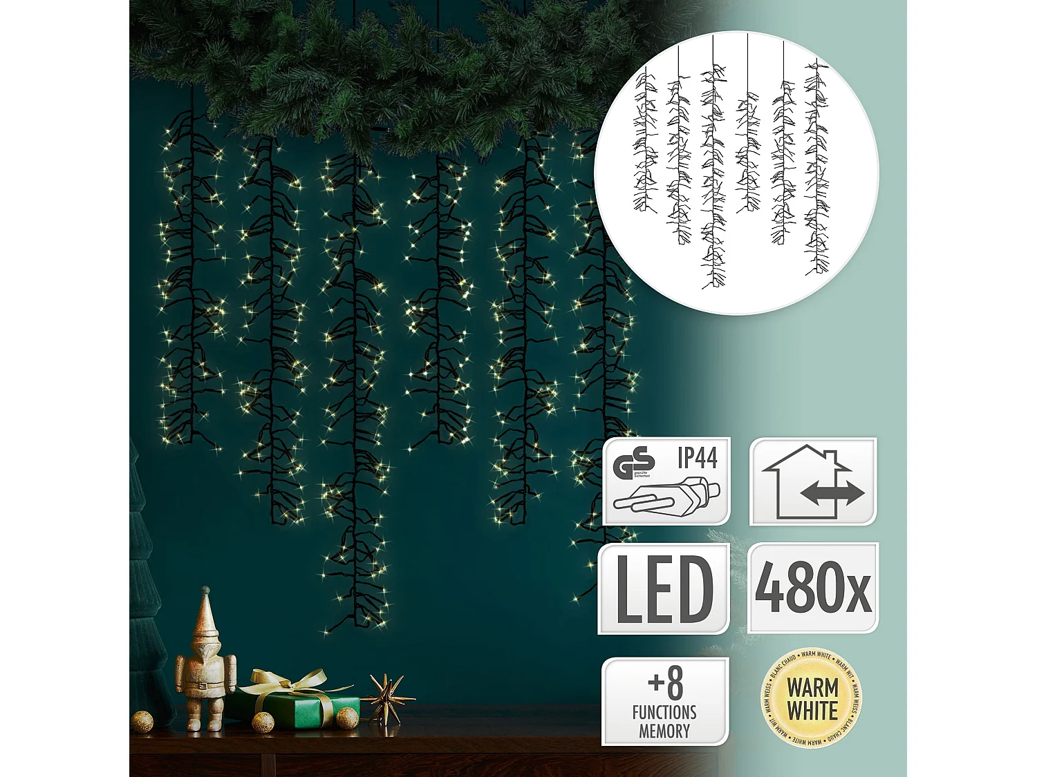 Cortina de luces con 480 LEDs blanco cálido guirlanda con 8 modos luz de navidad