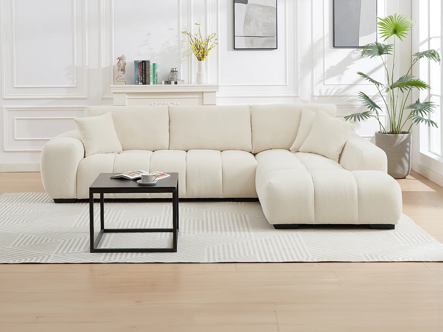 Canapé d'angle droit en tissu texturé beige BERENIA