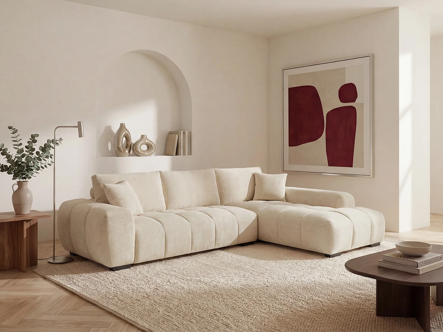 Canapé d'angle droit en tissu texturé beige BERENIA