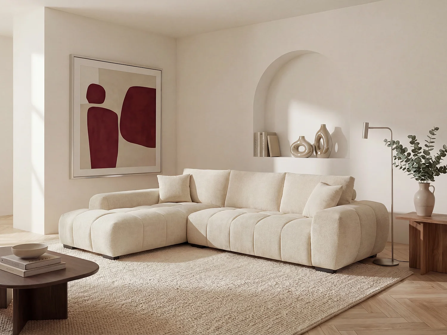 Canapé d'angle gauche en tissu texturé beige BERENIA