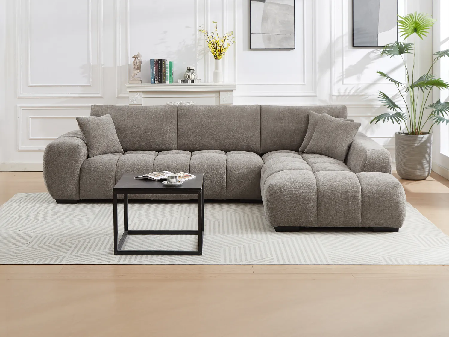 Canapé d'angle droit en tissu texturé gris BERENIA