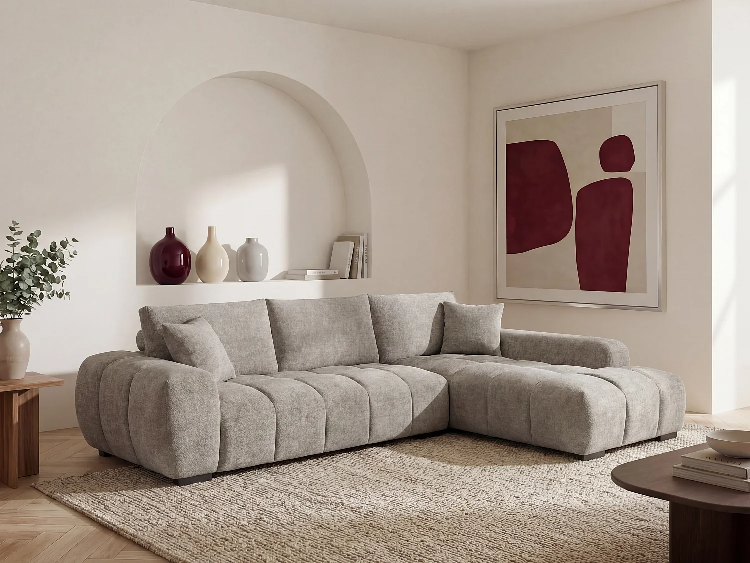 Canapé d'angle droit en tissu texturé gris BERENIA