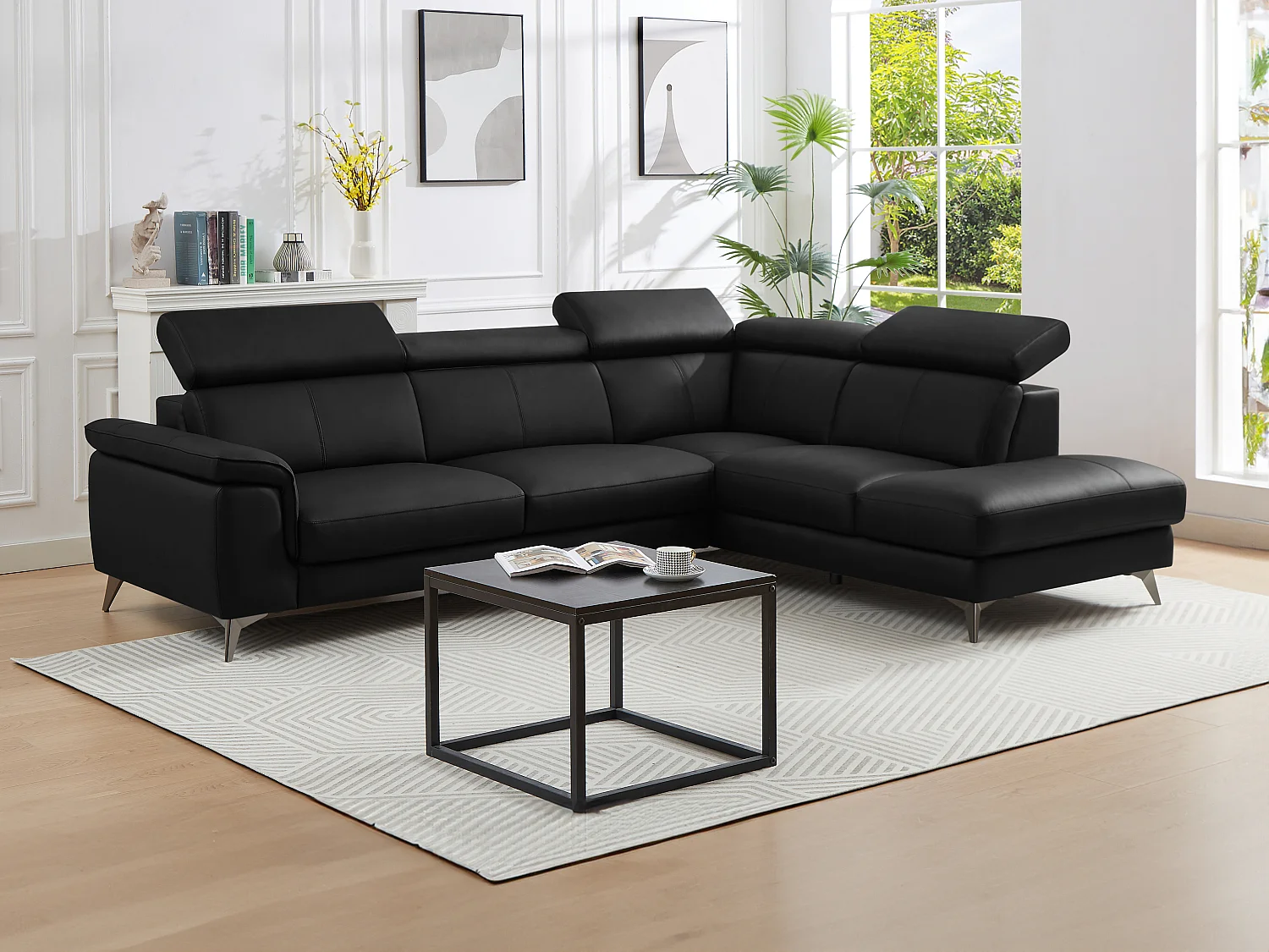 Ecksofa - Ecke rechts - Leder - Schwarz - MARAMBA