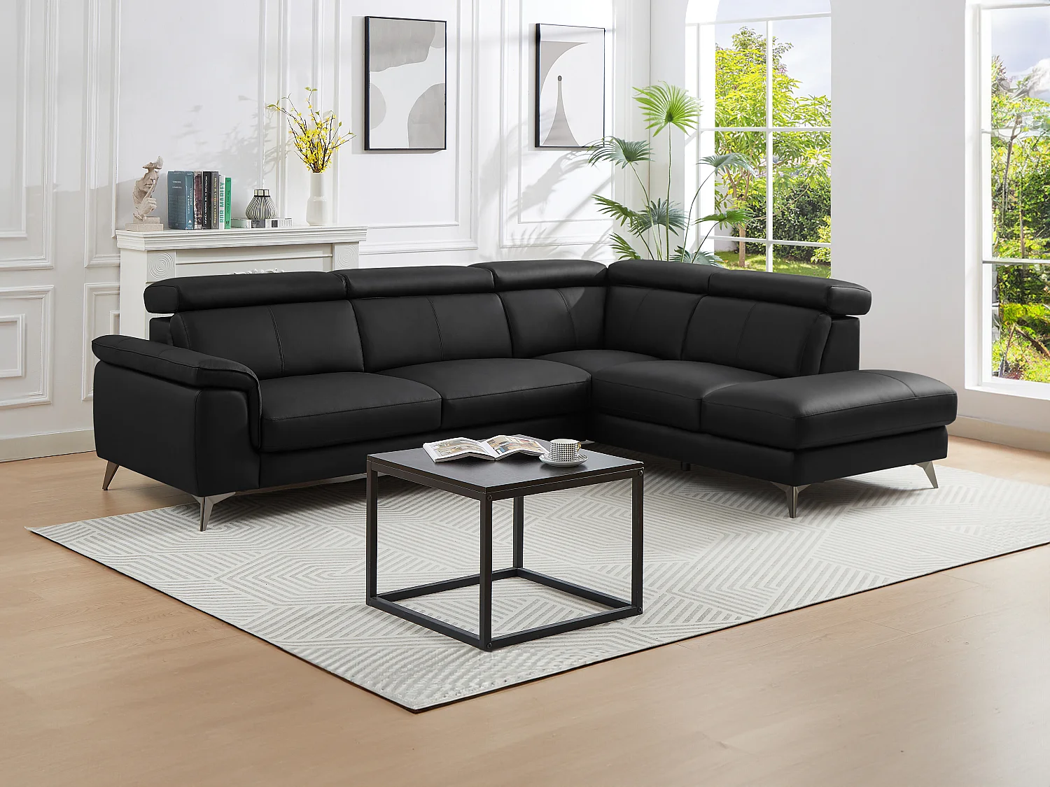 Ecksofa - Ecke rechts - Leder - Schwarz - MARAMBA