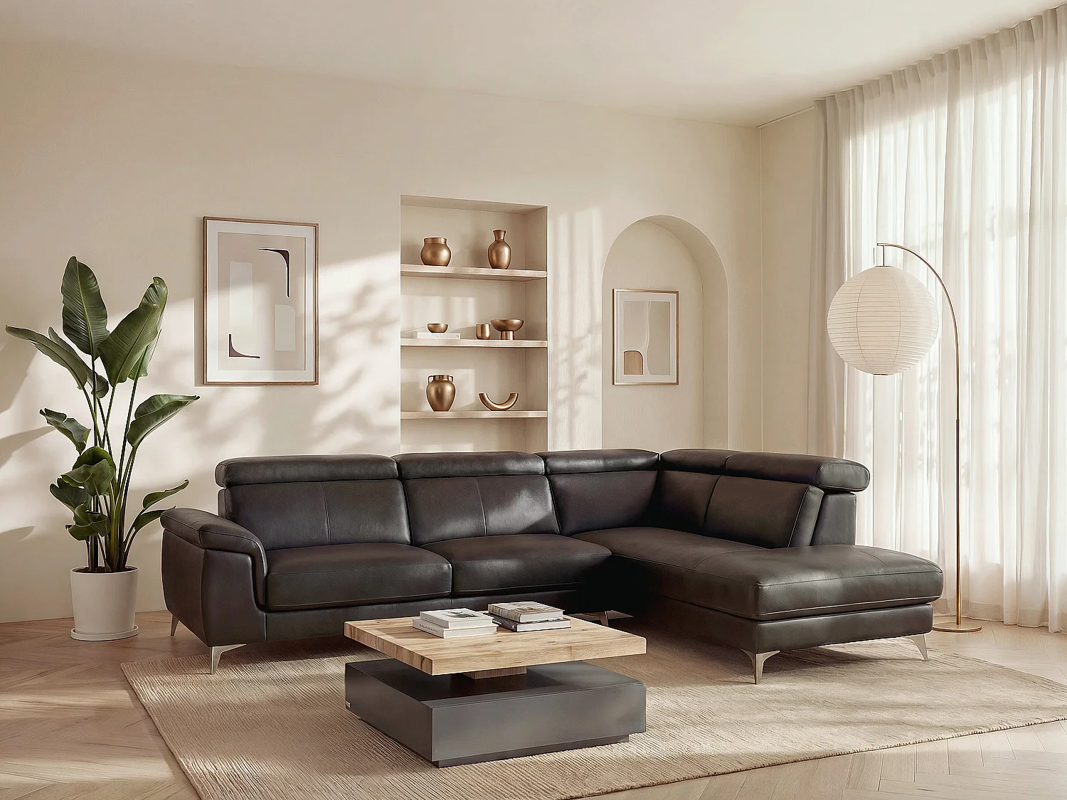 Sofá rinconera derecha de piel negro MARAMBA