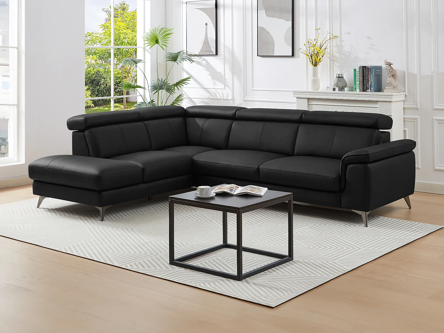 Canapé d'angle gauche en cuir noir MARAMBA