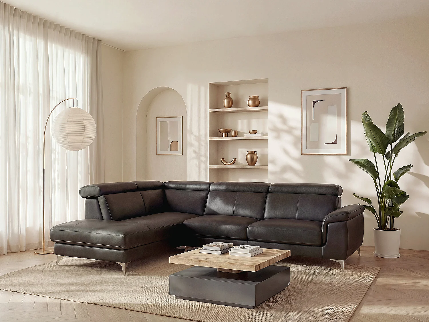 Sofá rinconera izquierda de piel negro MARAMBA