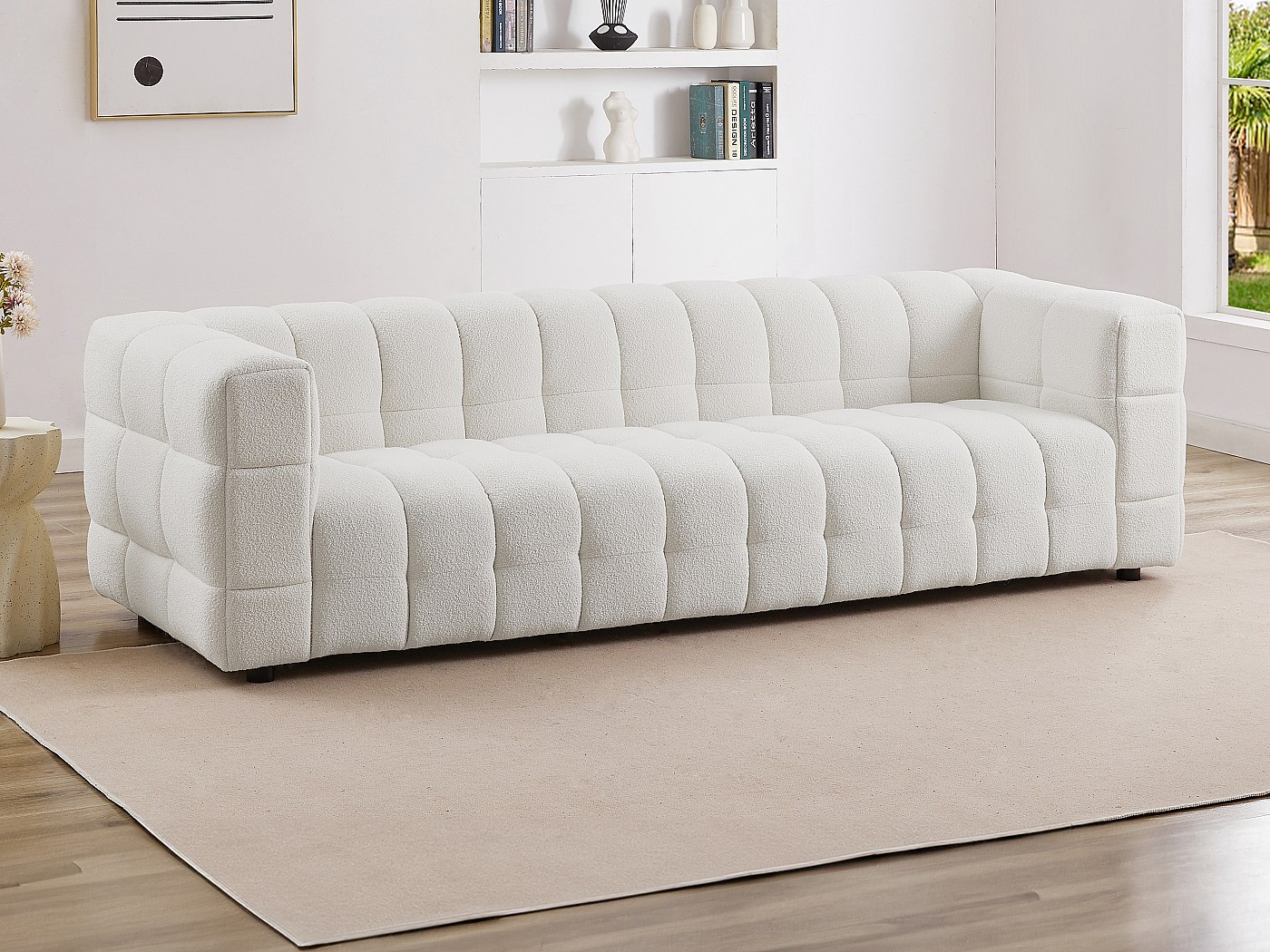 Canapé D'angle Droit LERICI En Tissu Bouclette Blanc Ivoire – 4 Places, Design Capitonné, 260 Cm