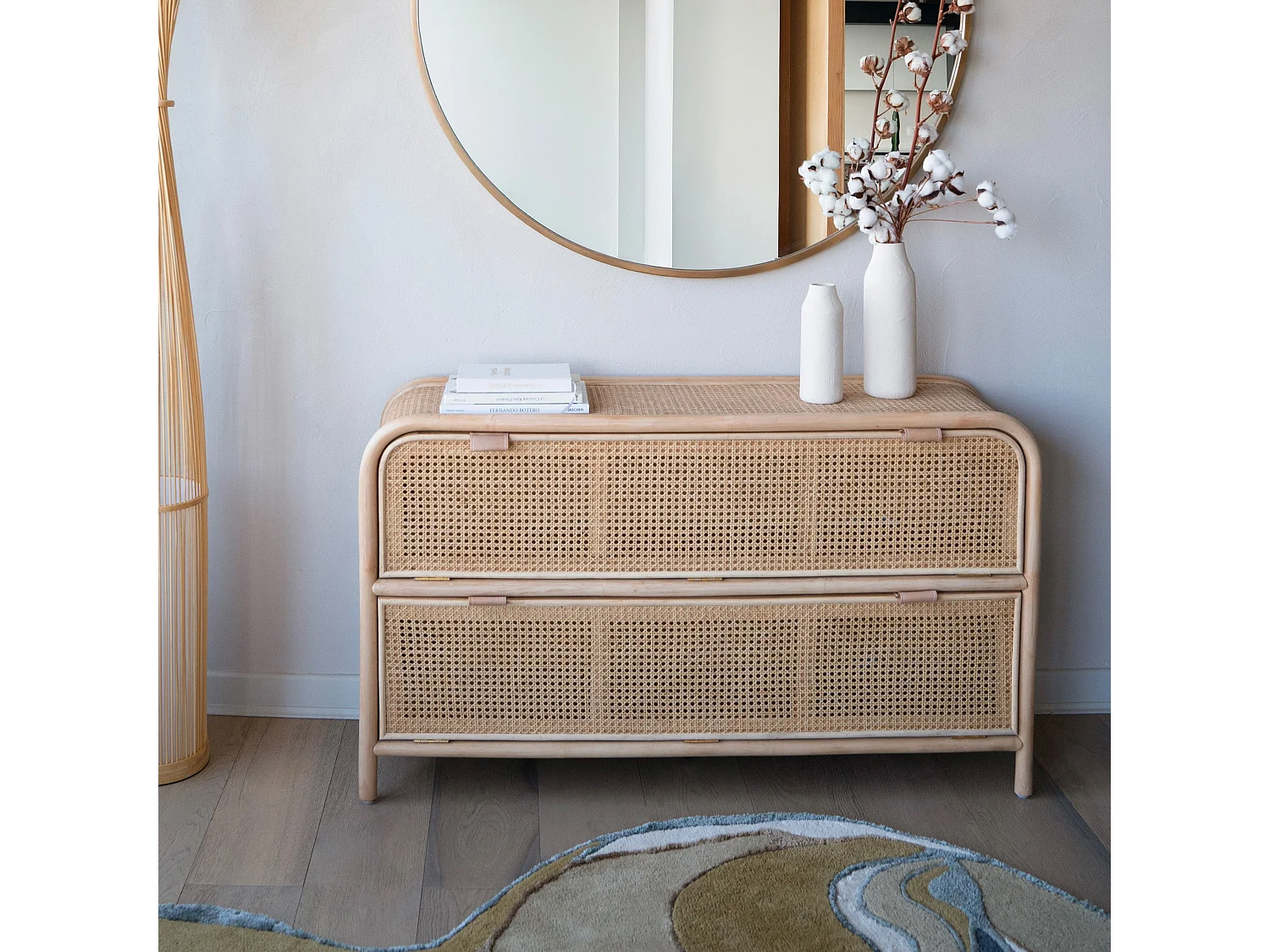 Commode en rotin et bois massif, 2 portes abattantes - Alata