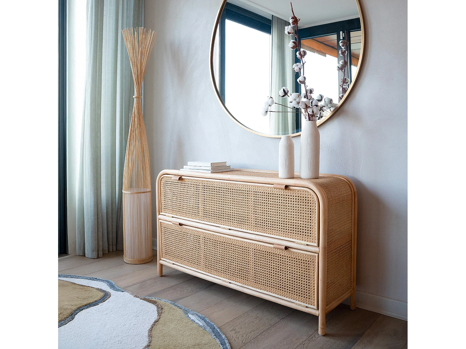 Commode en rotin et bois massif, 2 portes abattantes - Alata