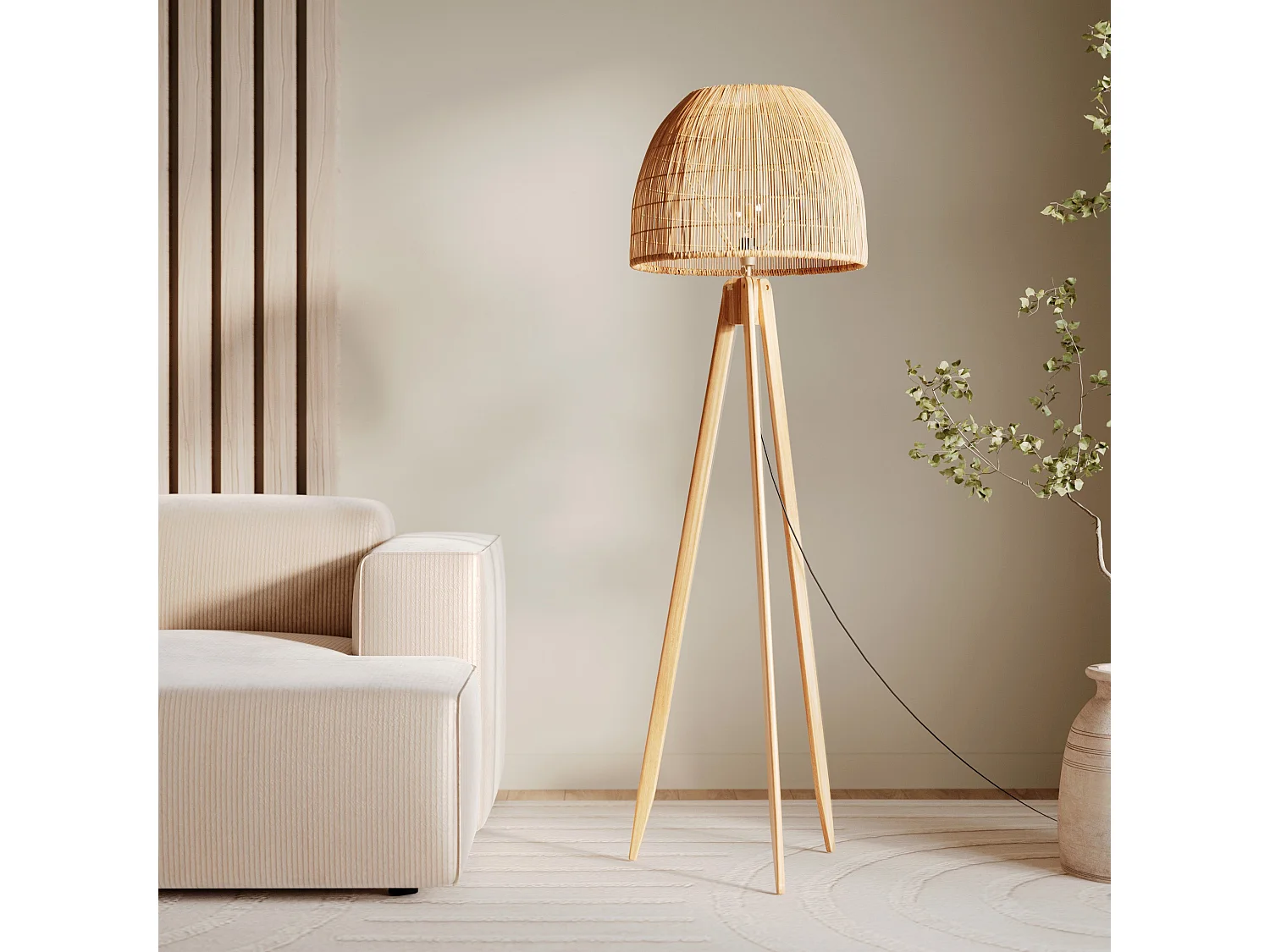 Lampadaire trépied en rotin et bois de teck massif - Corte