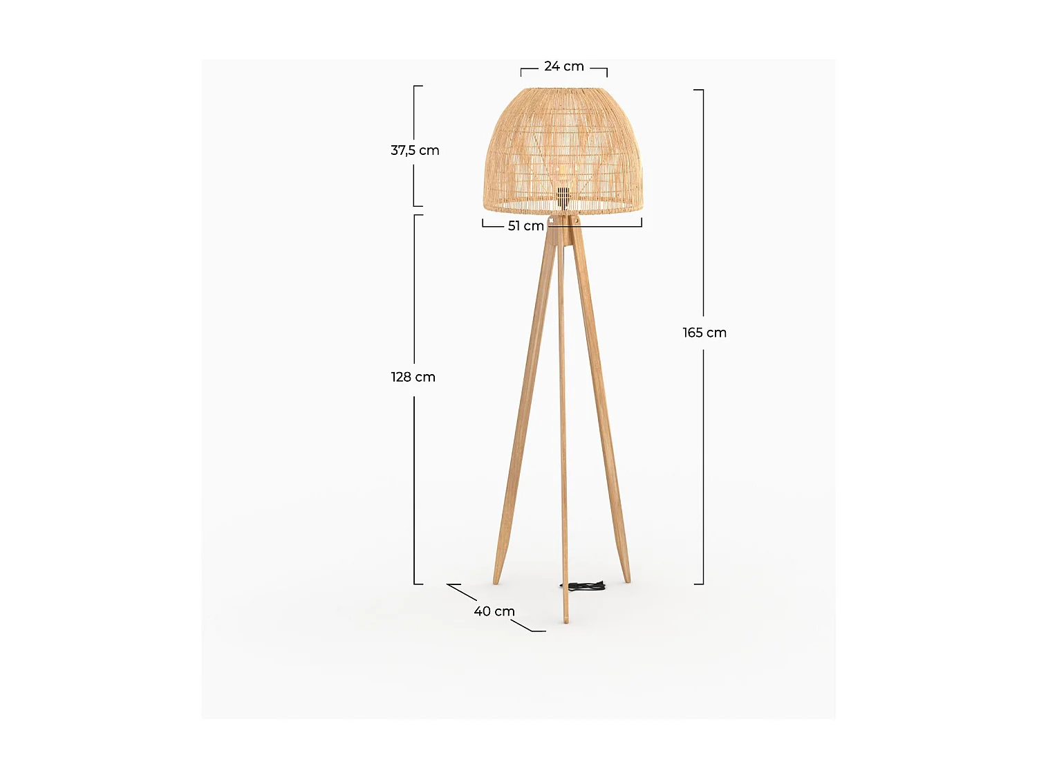 Lampadaire trépied en rotin et bois de teck massif - Corte