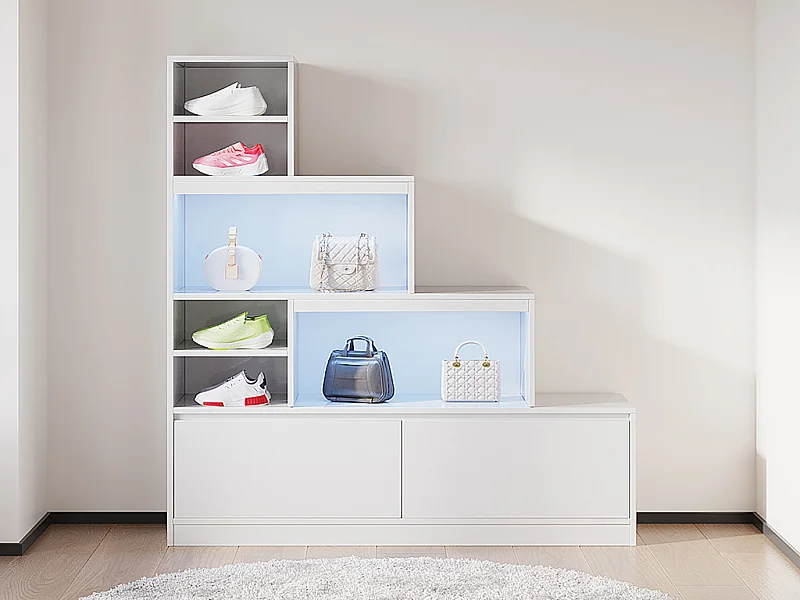 Meuble à chaussures 2 portes et 6 niches avec LEDs en MDF - Blanc - LOVILA