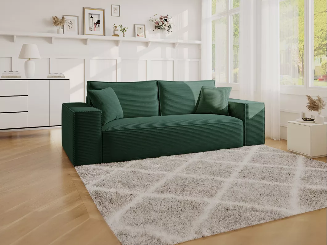 Kauf Unique Sofa 3-Sitzer mit Matratze - Cord - Tannengrün - Liegefläche 140 cm - Matratze 14 cm mit Memory Schaum - AMELIA