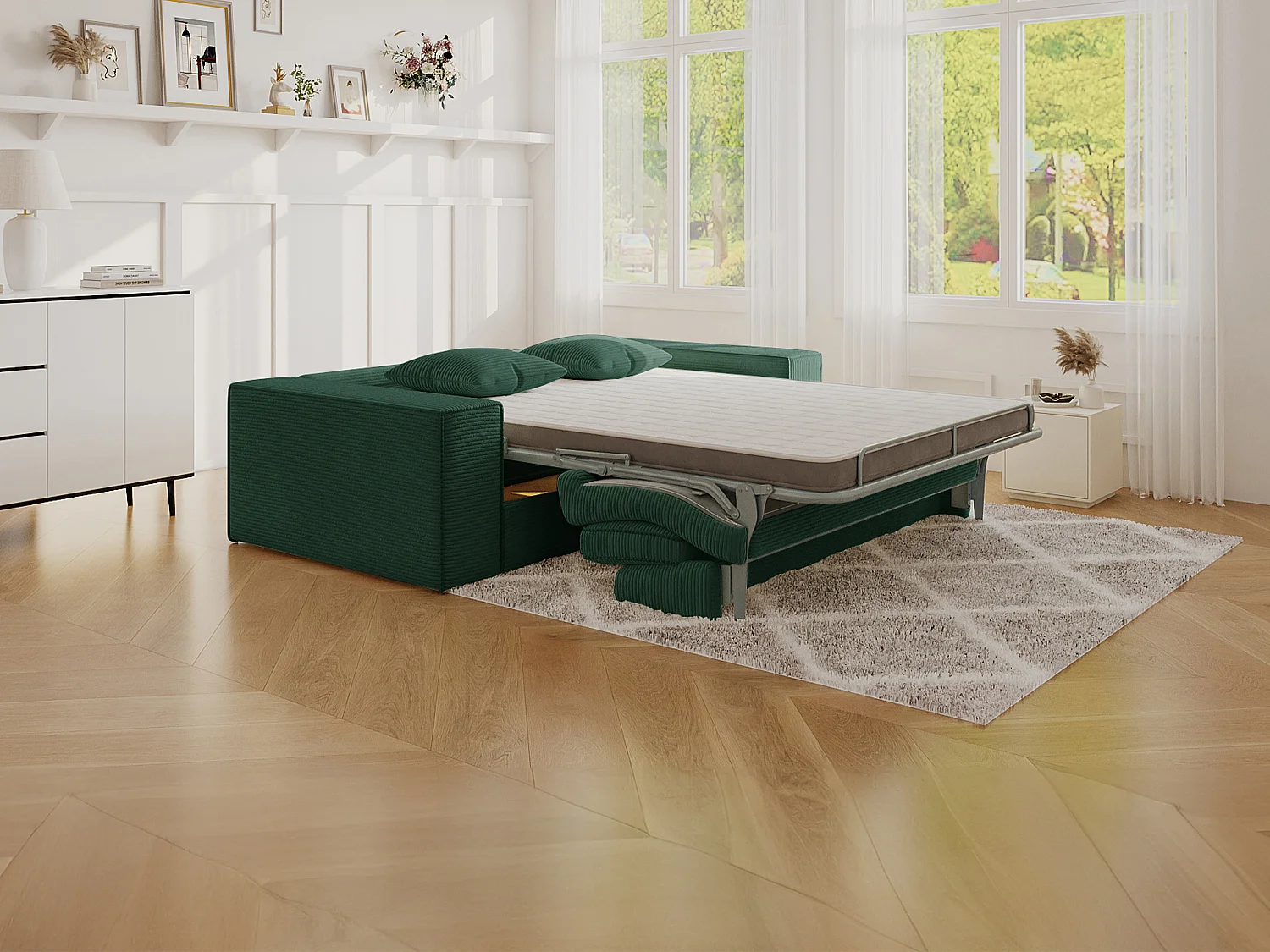 Canapé 4 places convertible express en velours côtelé vert sapin - Couchage 160 cm - Matelas 13 cm avec mémoire de forme - AMELIA