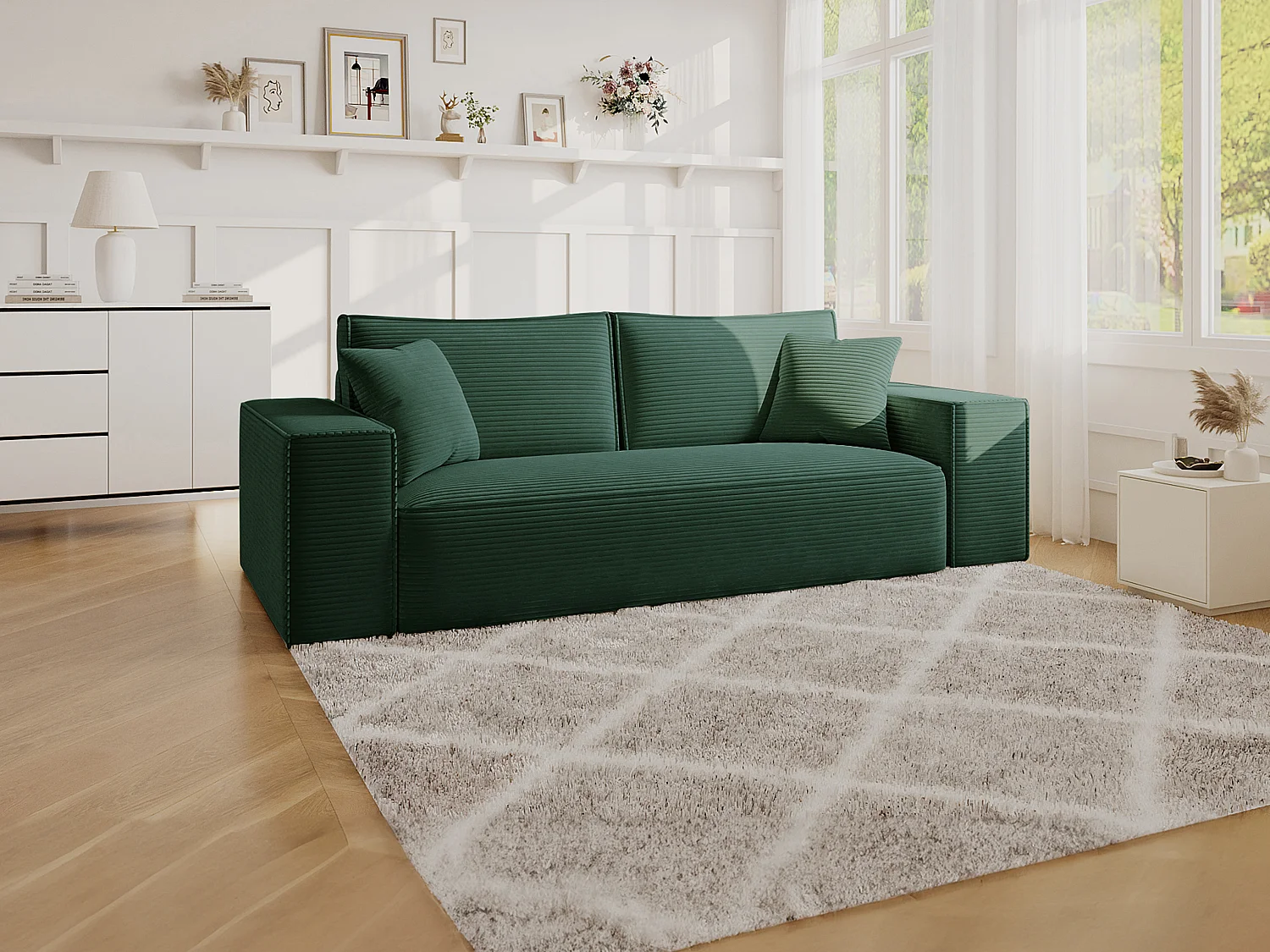 Canapé 4 places convertible express en velours côtelé vert sapin - Couchage 160 cm - Matelas 13 cm avec mémoire de forme - AMELIA
