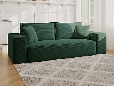Canapé 4 places convertible express en velours côtelé vert sapin - Couchage 160 cm - Matelas 13 cm avec mémoire de forme - AMELIA