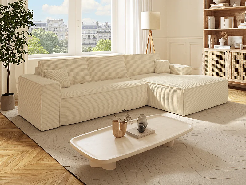 Divano letto angolare ribalta Posto letto 140 Mater. 13 memory foam Velluto coste Beige Angolo destra - AMELIA