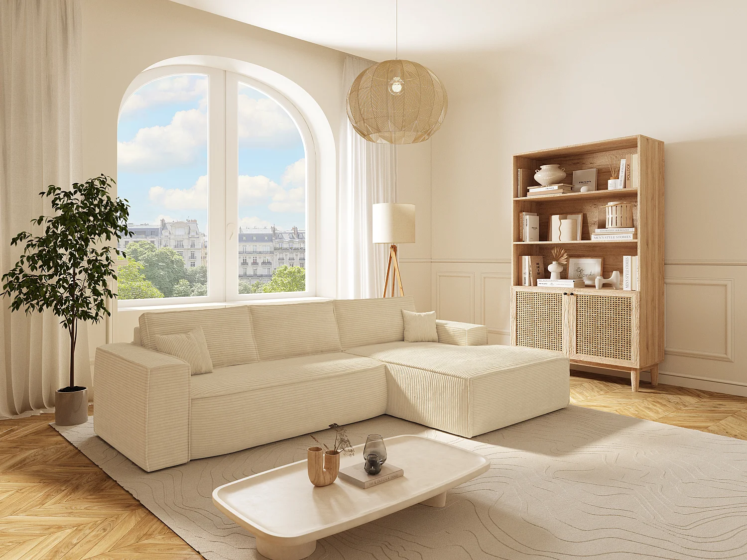 Canapé d'angle droit convertible express en velours côtelé beige - Couchage 140 cm - Matelas 13 cm avec mémoire de forme - AMELIA