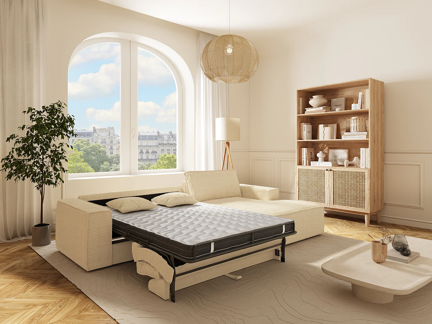 Sofá de canto direito convertível abertura rápida veludo canelado bege, cama 130 cm e colchão 13 cm com memória de forma - AMELIA