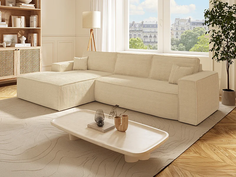 Divano letto angolare ribalta Letto 140 Mater. 13 memory Velluto a coste Beige - Angolo sinistra - AMELIA