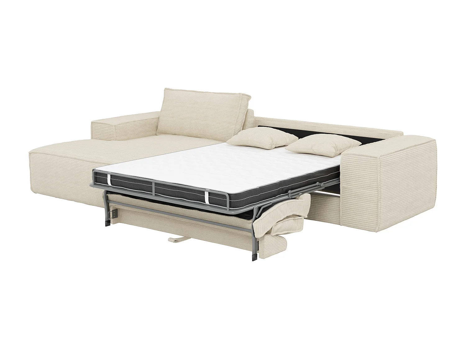 Sofá de canto esquerdo convertível abertura rápida veludo canelado bege, cama 130 cm e colchão 13 cm com memória de forma - AMELIA