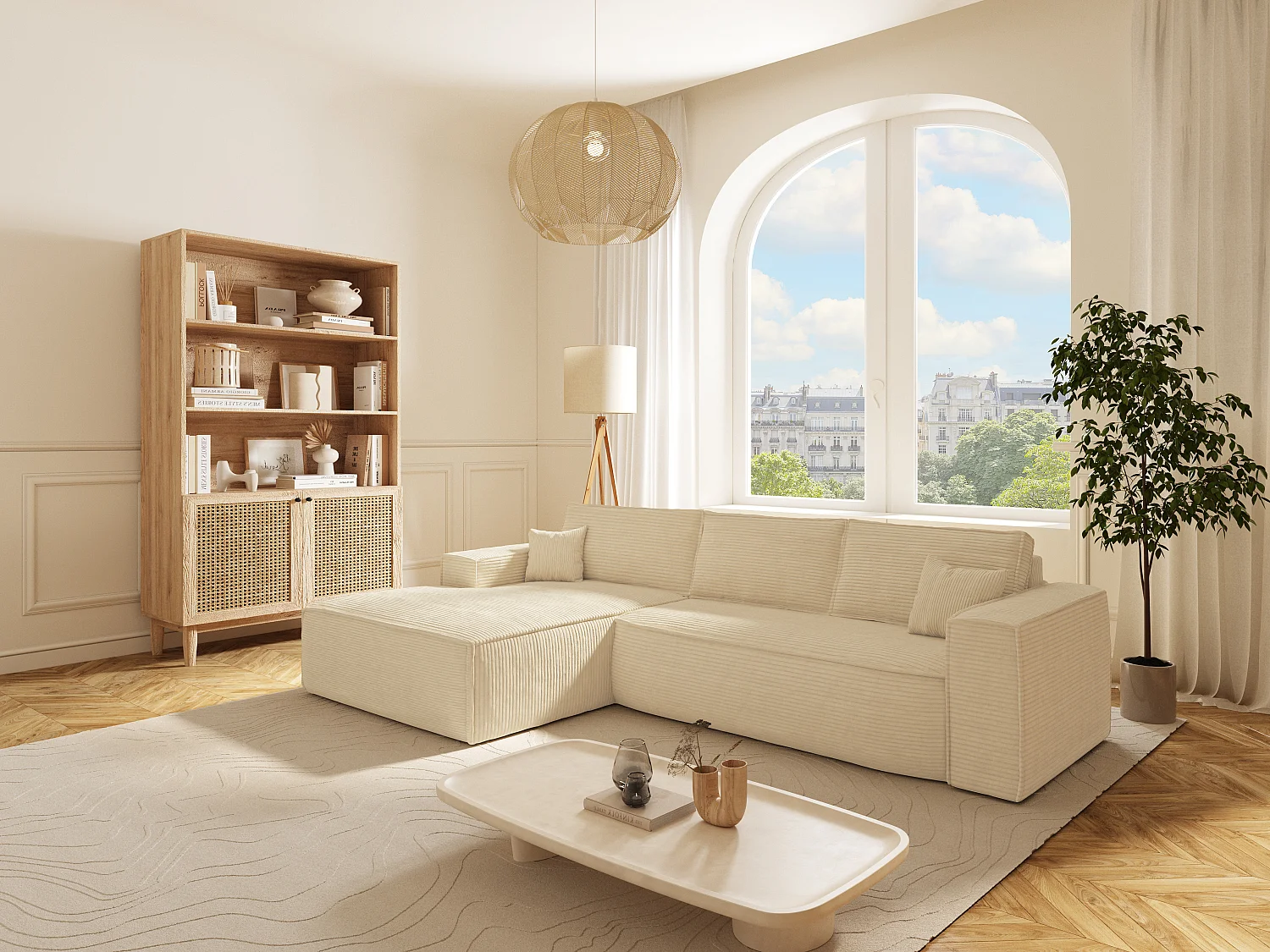 Canapé d'angle gauche convertible express en velours côtelé beige - Couchage 140 cm - Matelas 13 cm avec mémoire de forme - AMELIA