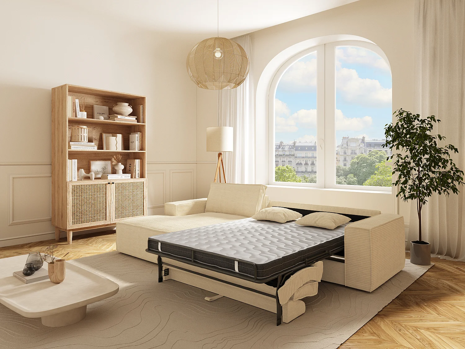 Sofá de canto esquerdo convertível abertura rápida veludo canelado bege, cama 130 cm e colchão 13 cm com memória de forma - AMELIA