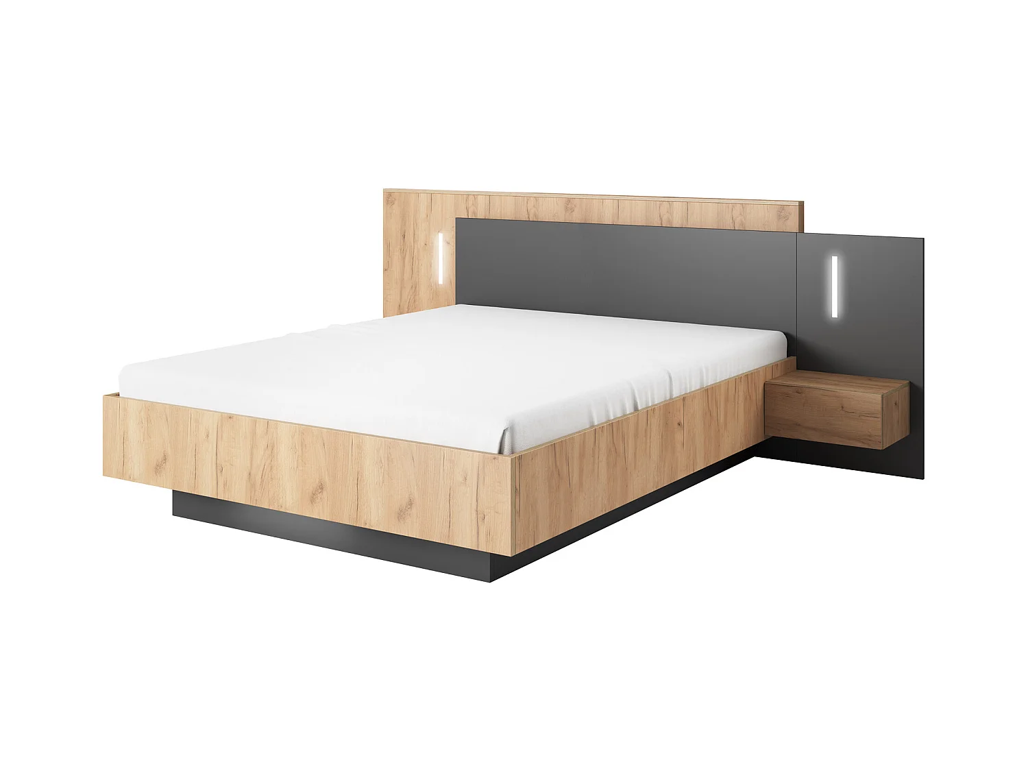 Lit avec chevets 140 x 190 cm - 2 tiroirs - Avec LEDs - Coloris : Naturel et anthracite - FRANCOLI