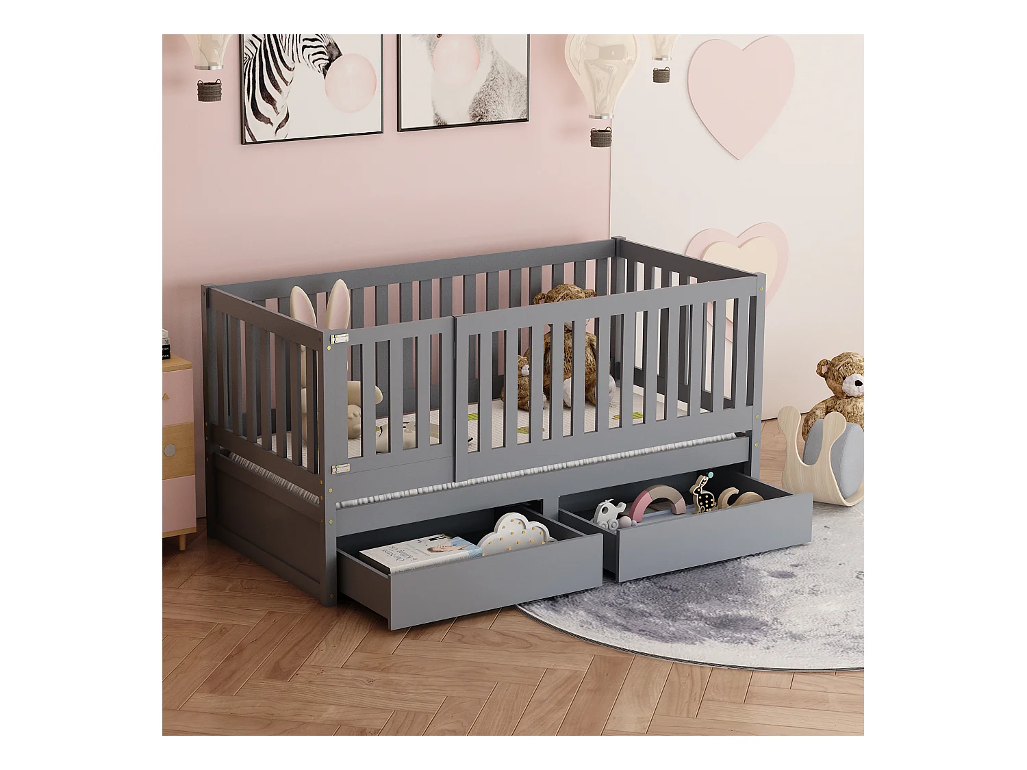 Lit bébé évolutif - 90 x 200 cm - 2 tiroirs - bois massif - sommier à lattes - coloris gris