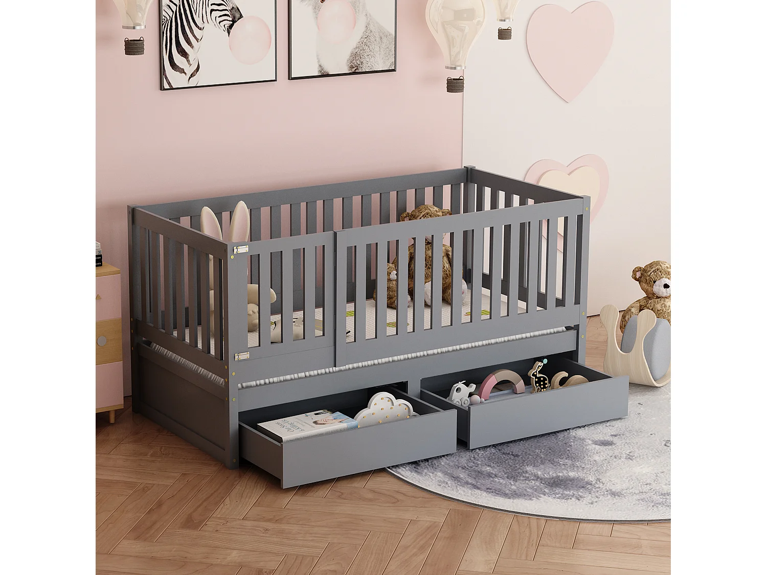 Lit bébé évolutif - 90 x 200 cm - 2 tiroirs - bois massif - sommier à lattes - coloris gris